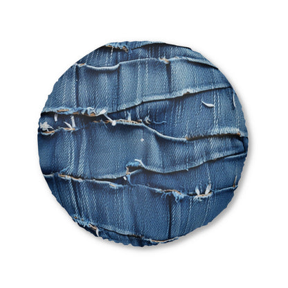 Midnight Blue Distressed Denim: Rugged, Torn & Stylish Design - Tufted Floor Pillow, Round