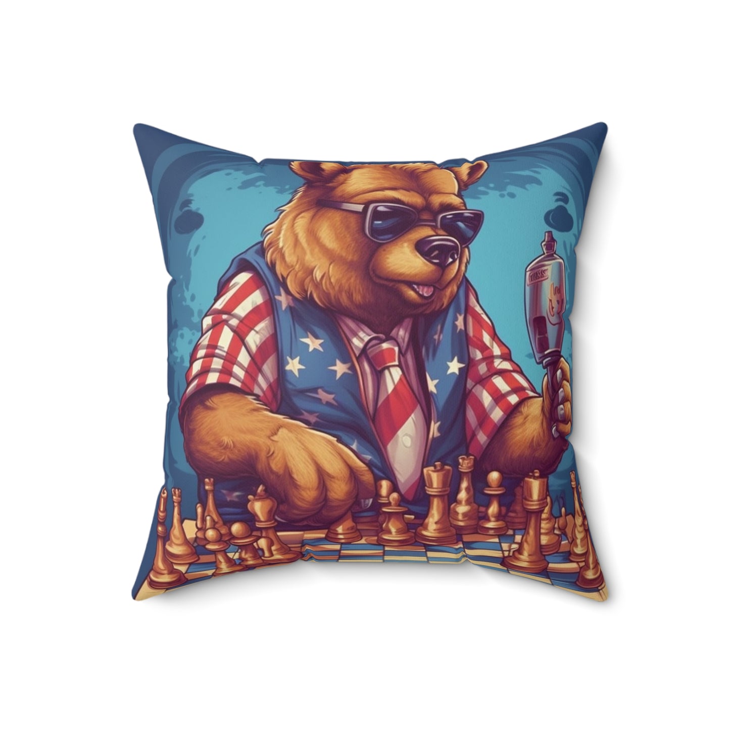 Checkmate Patriotism: Patriotic Bear's Chess Game 4th of July Style Spun Polyester Square Pillow