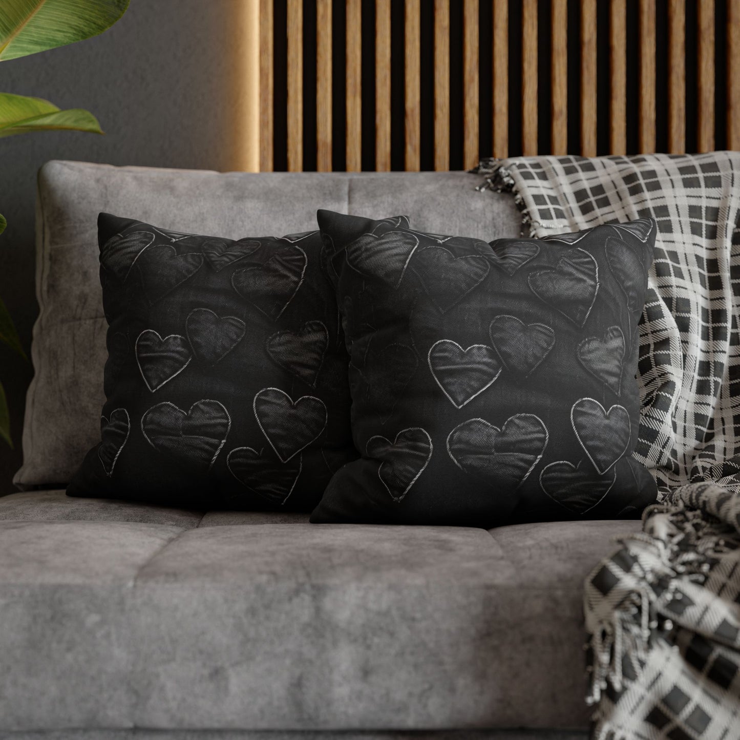 Black: Distressed Denim-Inspired Fabric Heart Embroidery Design - Spun Polyester Square Pillow Case