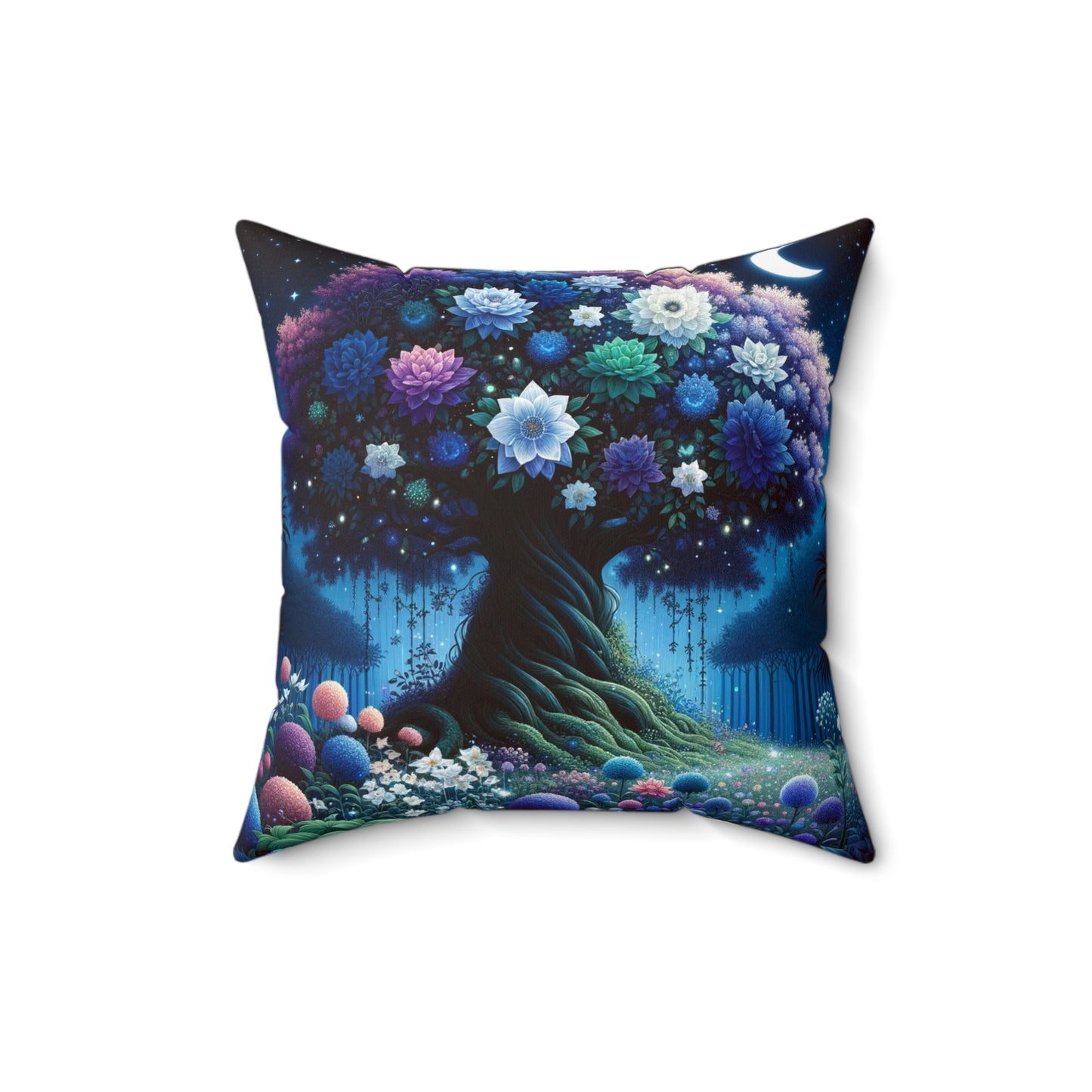 Starry Night Bloom: Magical Garden and Celestial Tree Art - Spun Polyester Square Pillow