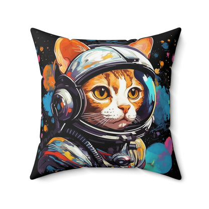 Astro Cat Adventure Feline - Pop Art, Floating in Cosmic Space - Spun Polyester Square Pillow