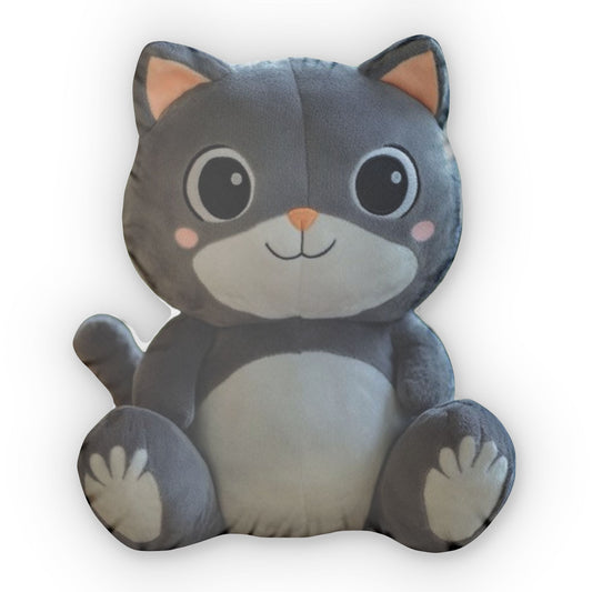 Grey Cat Plush. Stuffed Animal, Shaped Pillow