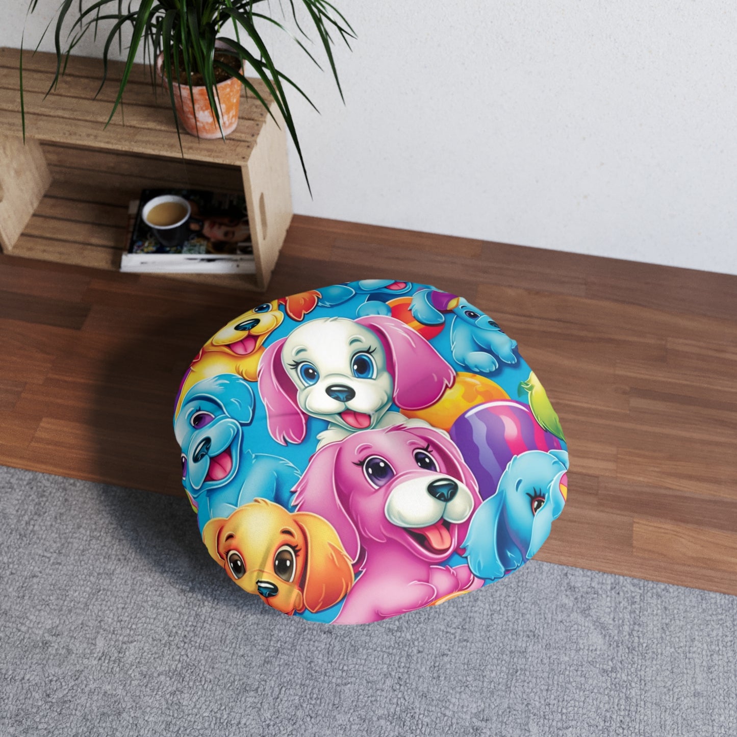 Happy Puppy & Dog Design - Vivid and Eye-Catching - Tufted Floor Pillow, Round