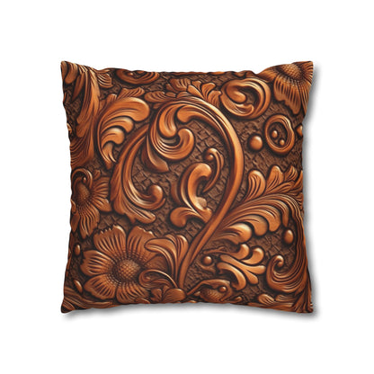 Leather Flower Cognac Classic Brown Timeless American Cowboy Design - Spun Polyester Square Pillow Case