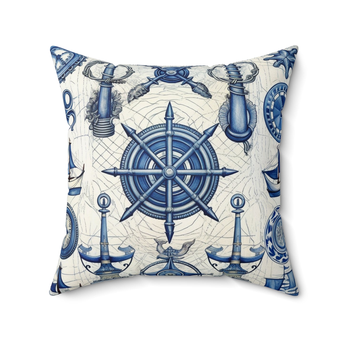 Nautical Theme Art - Anchors, Ropes, Compass Spun Polyester Square Pillow