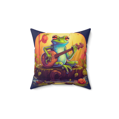 Log Frog Playing Instrument Tune Music Outdoor Swamp Graphic Spun Polyester Square Pillow