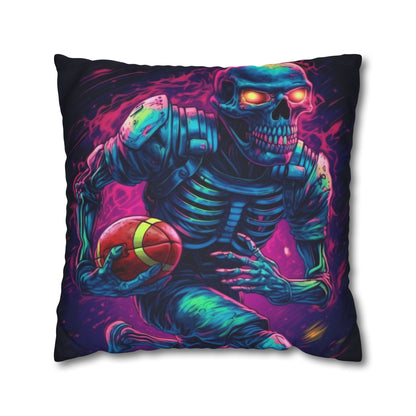 Spooky Football Game: Fantasy Skeleton Athlete Running with Ball, Sporty Halloween - Spun Polyester Square Pillow Case