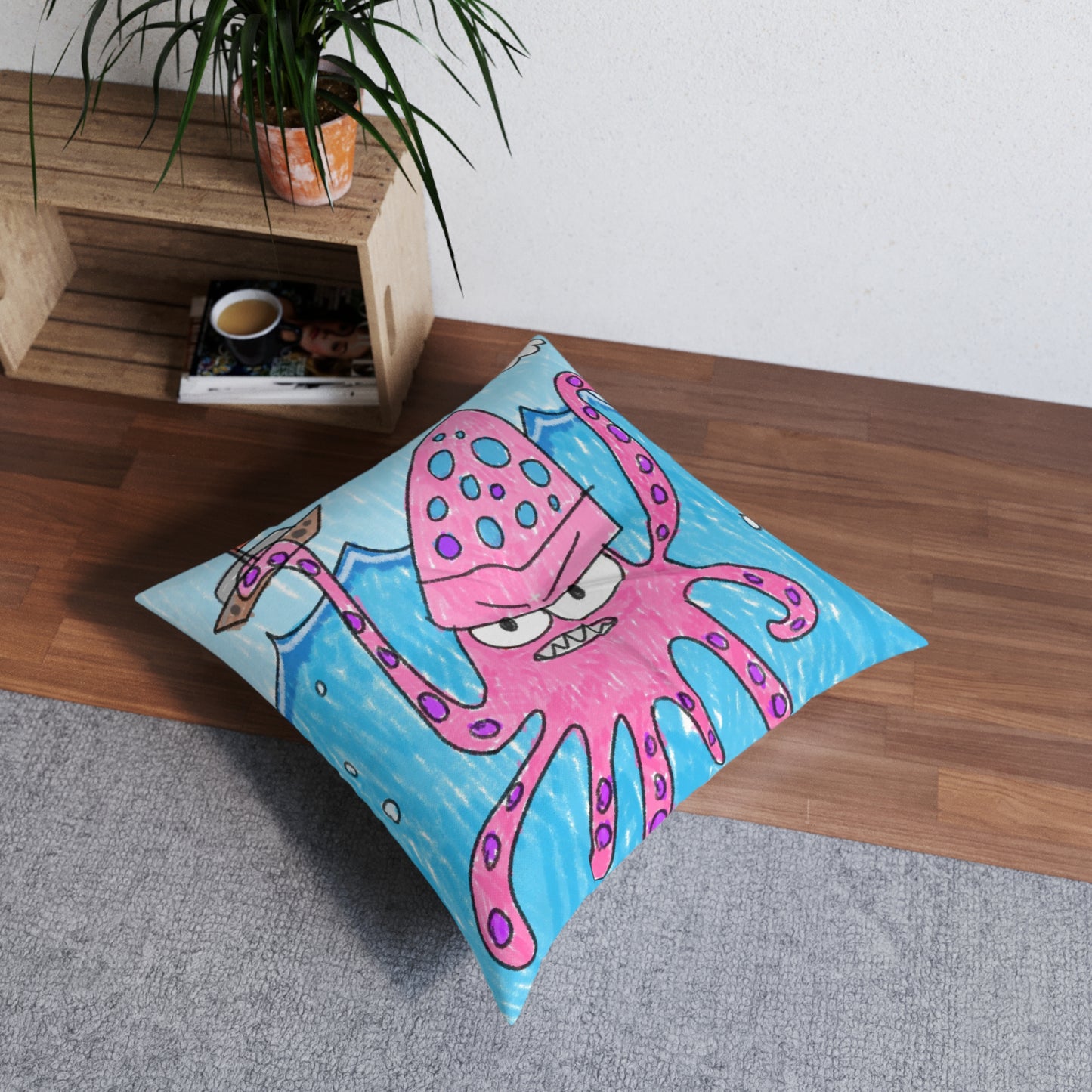 The Kraken Octopus Clean Graphic Tufted Floor Pillow, Square