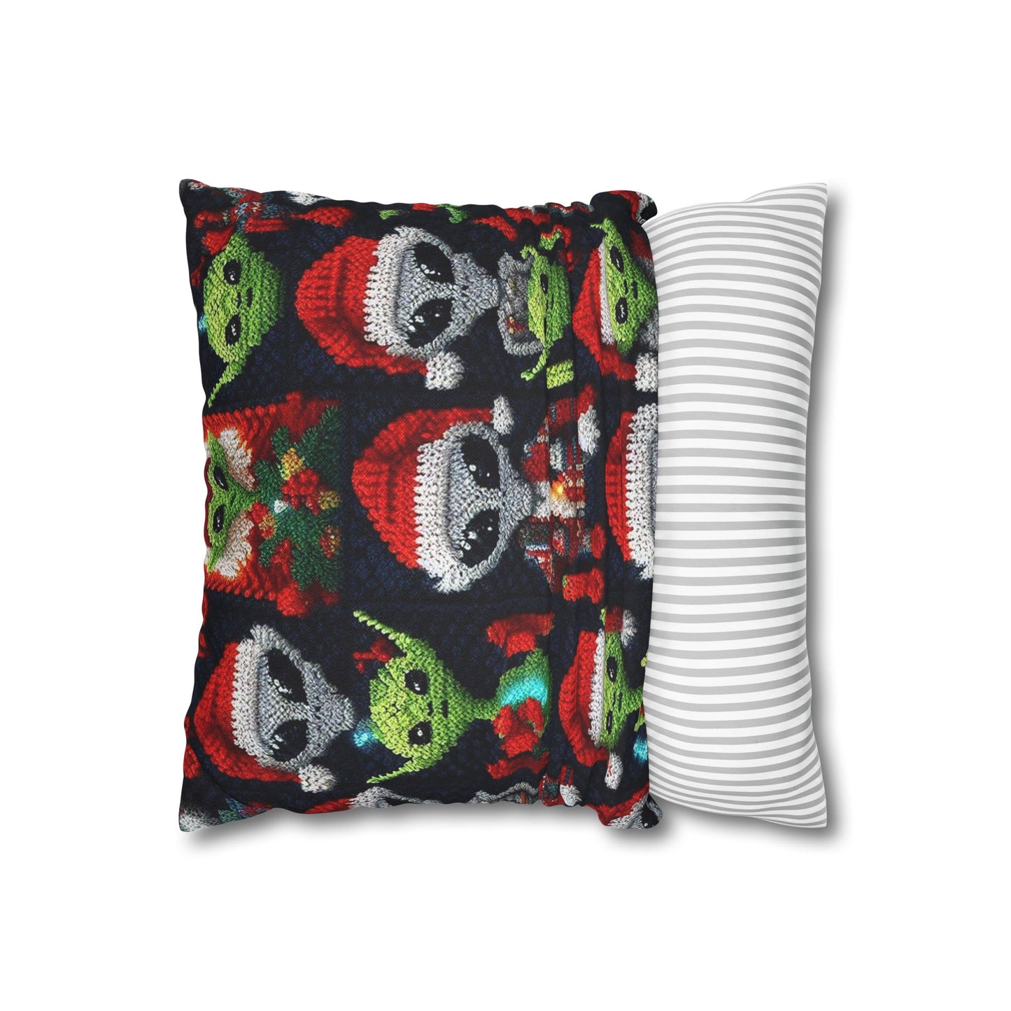 Festive Alien Invasion: Intergalactic Christmas Holiday Cheer with Santa Hats and Seasonal Gifts Crochet Pattern - Spun Polyester Square Pillow Case