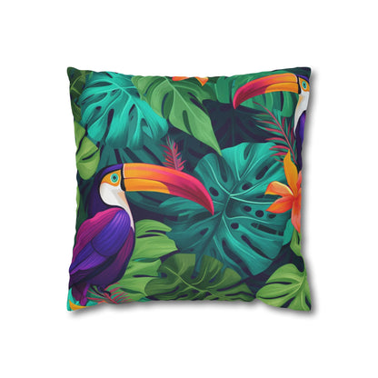 Vivid Tropical Birds & Leaves - Seamless Pattern Spun Polyester Square Pillow Case