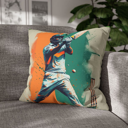 Cricket Batsman, Ball Strike, Indian Flag Color Background - Street Style - Spun Polyester Square Pillow Case