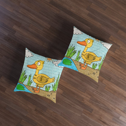 Yellow Duck Bird Pond Tufted Floor Pillow, Square