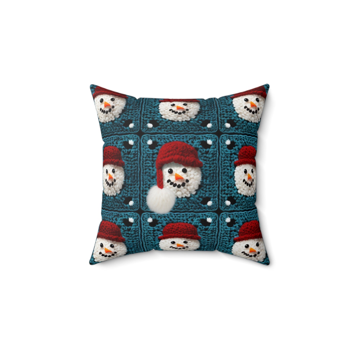 Snowman Crochet Craft, Festive Yuletide Cheer, Winter Wonderland - Spun Polyester Square Pillow