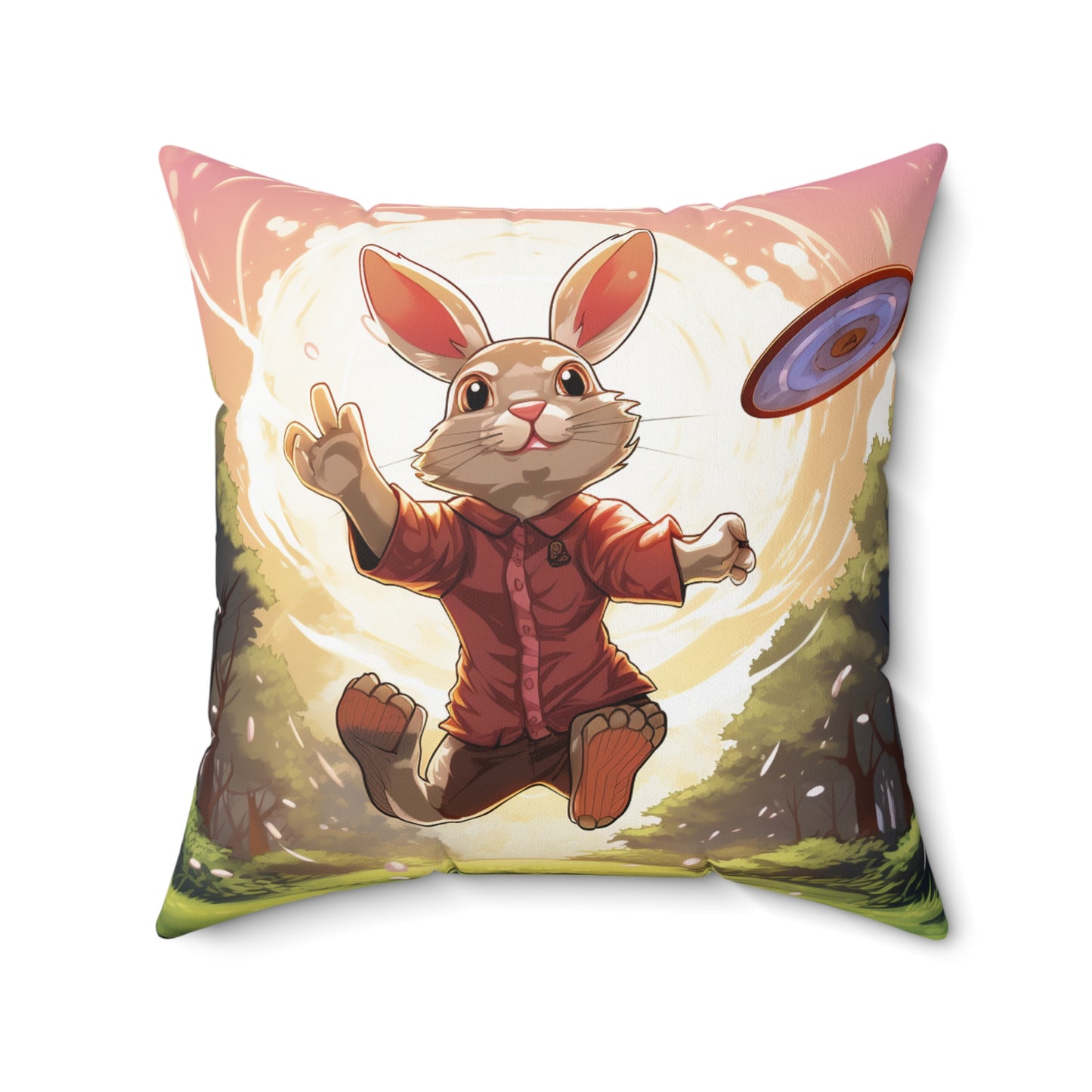 Disc Golf Rabbit: Bunny Aiming Frisbee for Basket Chain - Spun Polyester Square Pillow