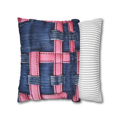 Candy-Striped Crossover: Pink Denim Ribbons Dancing on Blue Stage - Spun Polyester Square Pillow Case