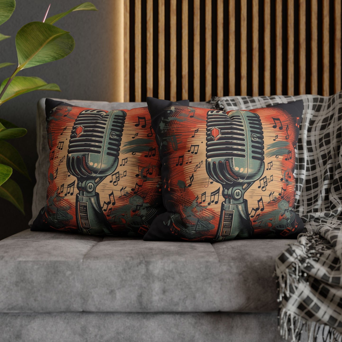 Retro Microphone & Music Notes - Vintage Style Design Spun Polyester Square Pillow Case