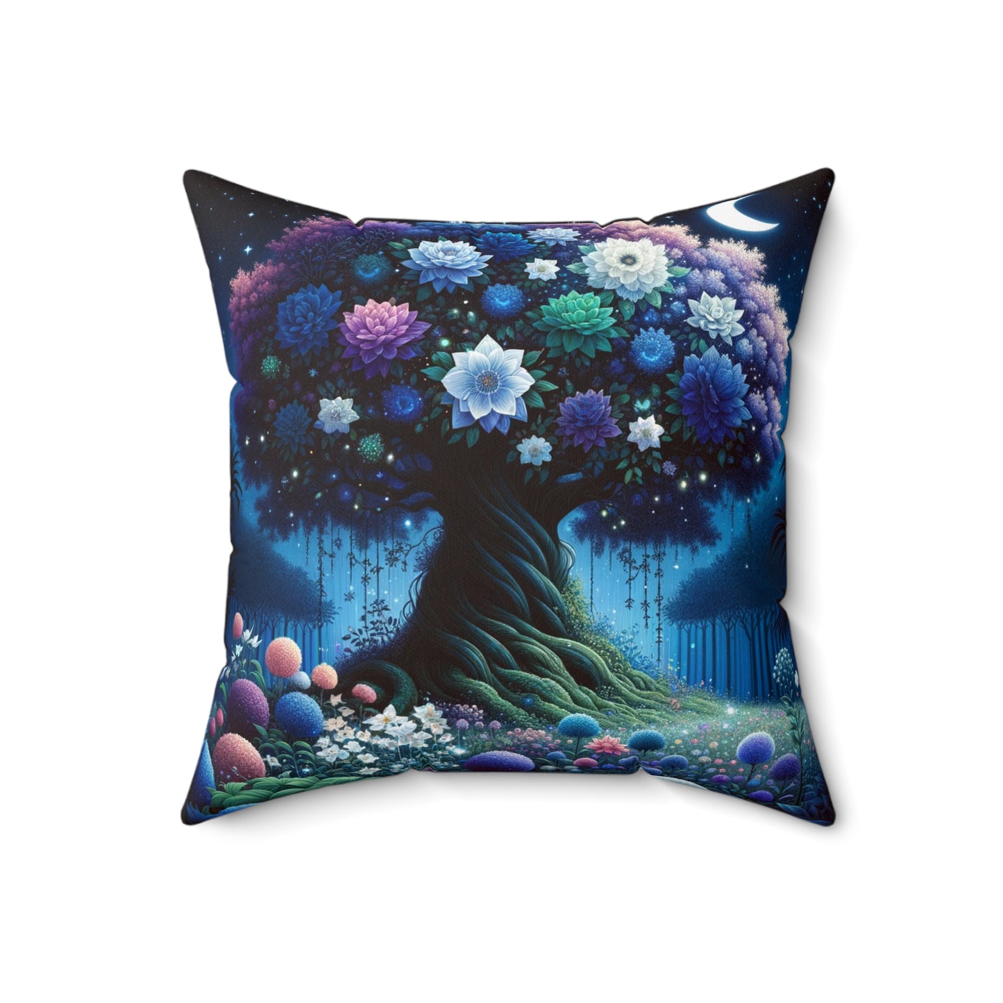 Starry Night Bloom: Magical Garden and Celestial Tree Art - Spun Polyester Square Pillow