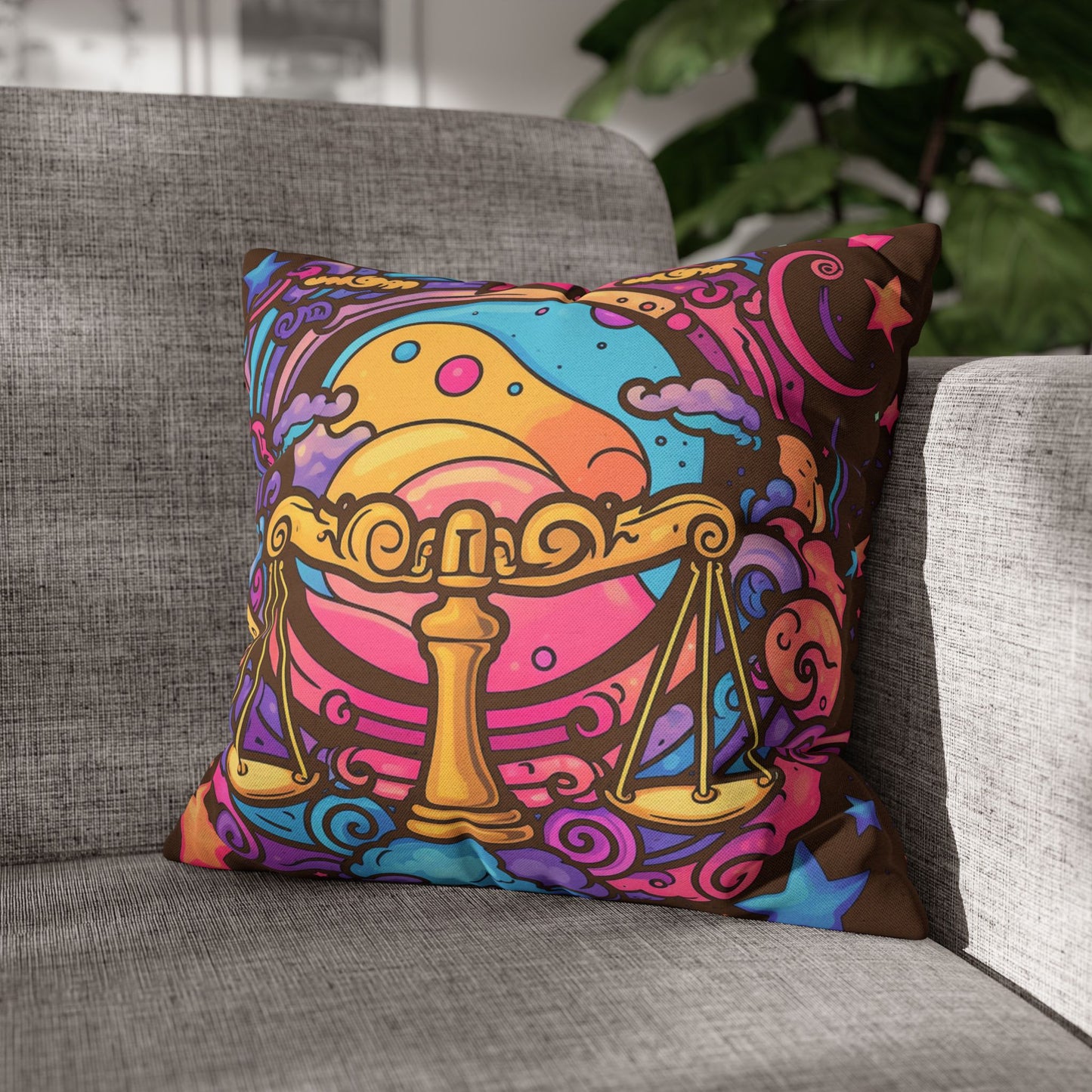 Cosmic Libra - Trippy Psychedelic Cartoon Art Zodiac Sign - Spun Polyester Square Pillow Case