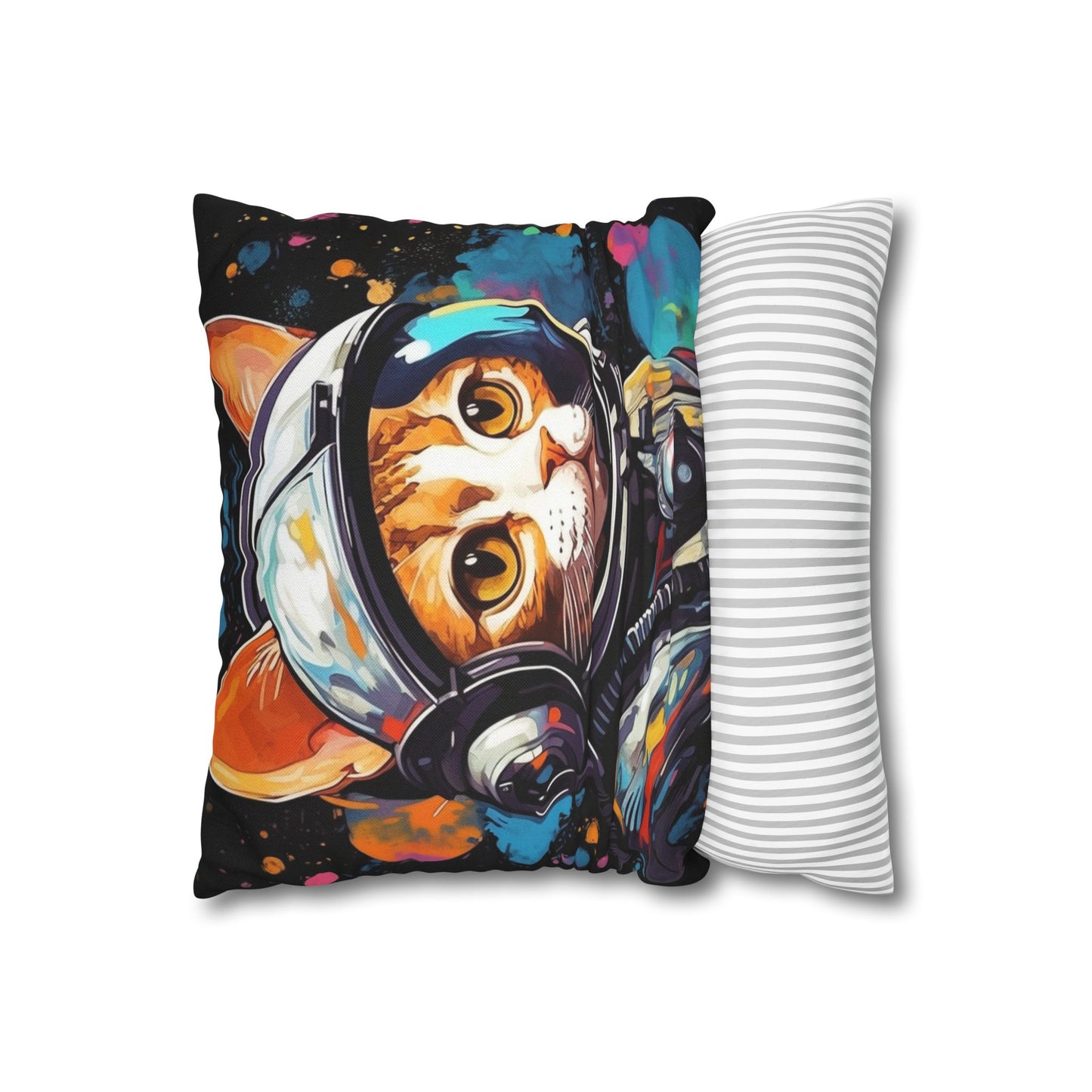 Astro Cat Adventure Feline - Pop Art, Floating in Cosmic Space - Spun Polyester Square Pillow Case