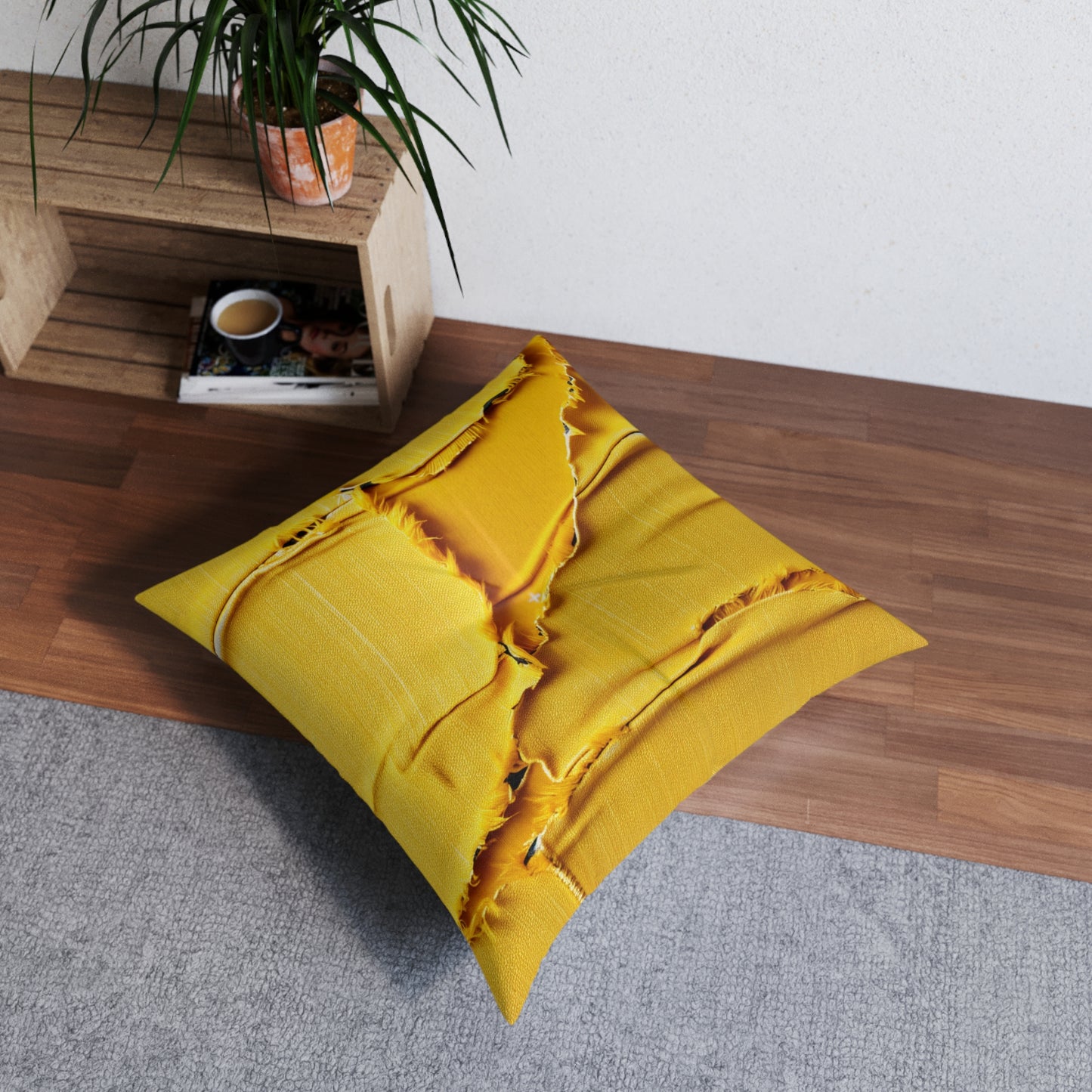 Banana Yellow Lemon: Bold Distressed, Denim-Inspired Fabric - Tufted Floor Pillow, Square