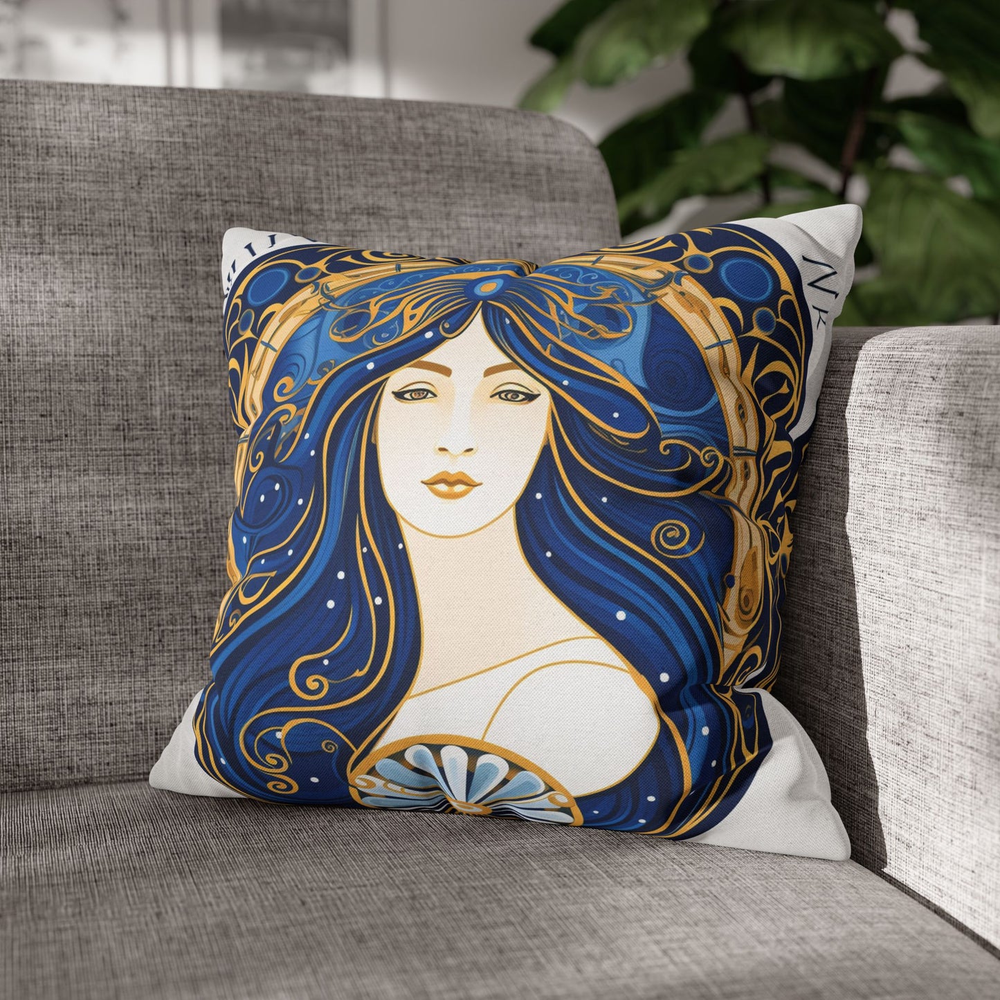 Virgo Zodiac Circular Symmetry in Gold Royal Blue - Spun Polyester Square Pillow Case