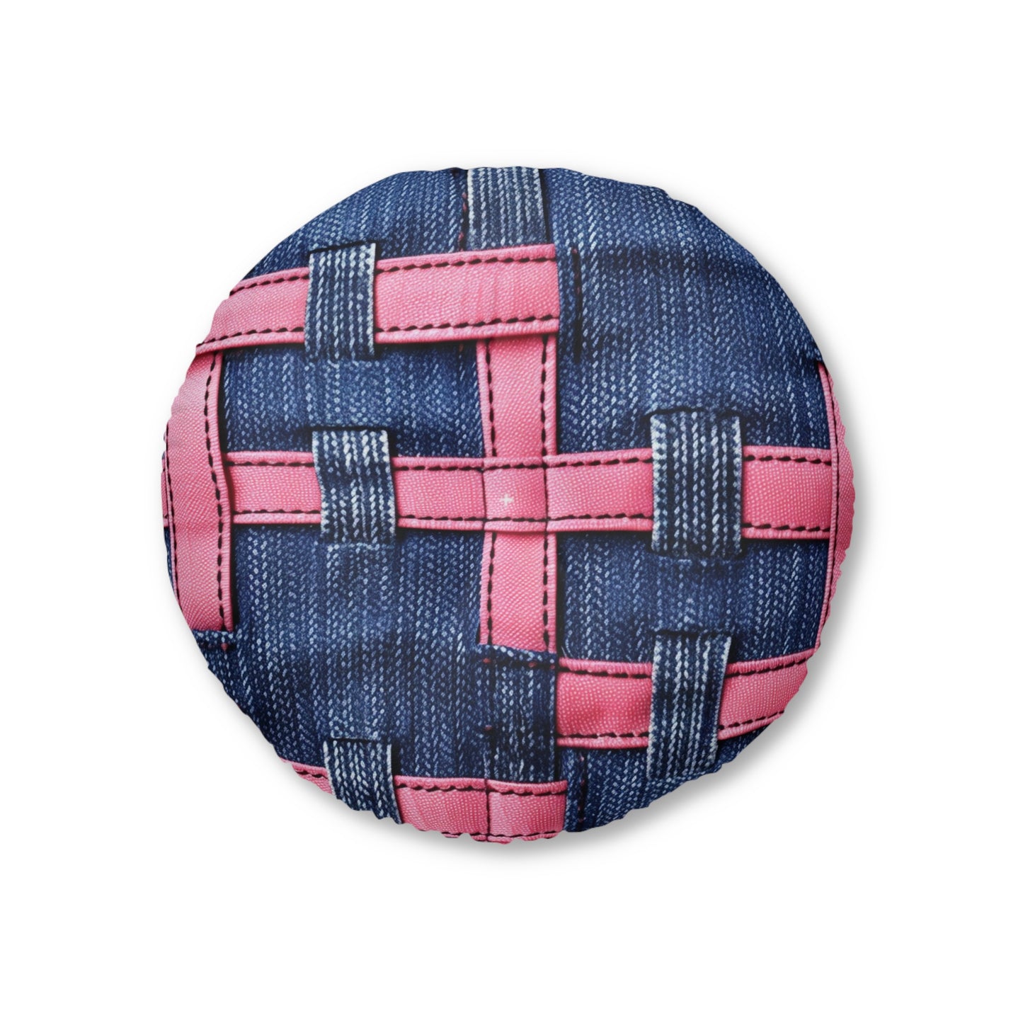 Candy-Striped Crossover: Pink Denim Ribbons Dancing on Blue Stage - Tufted Floor Pillow, Round