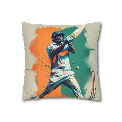 Cricket Batsman, Ball Strike, Indian Flag Color Background - Street Style - Spun Polyester Square Pillow Case