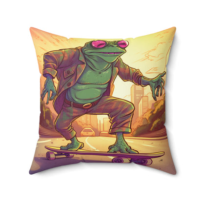 Old School Frog Skateboard Rider Classic Style Amphibian Spun Polyester Square Pillow