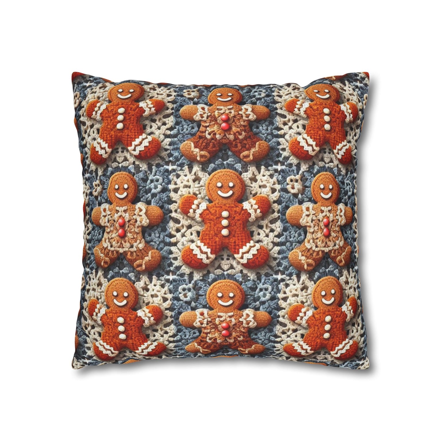 Gingerbread Joy: Whimsical Crocheted Gingerbread Men Pattern with Festive Christmas Accents - Spun Polyester Square Pillow Case