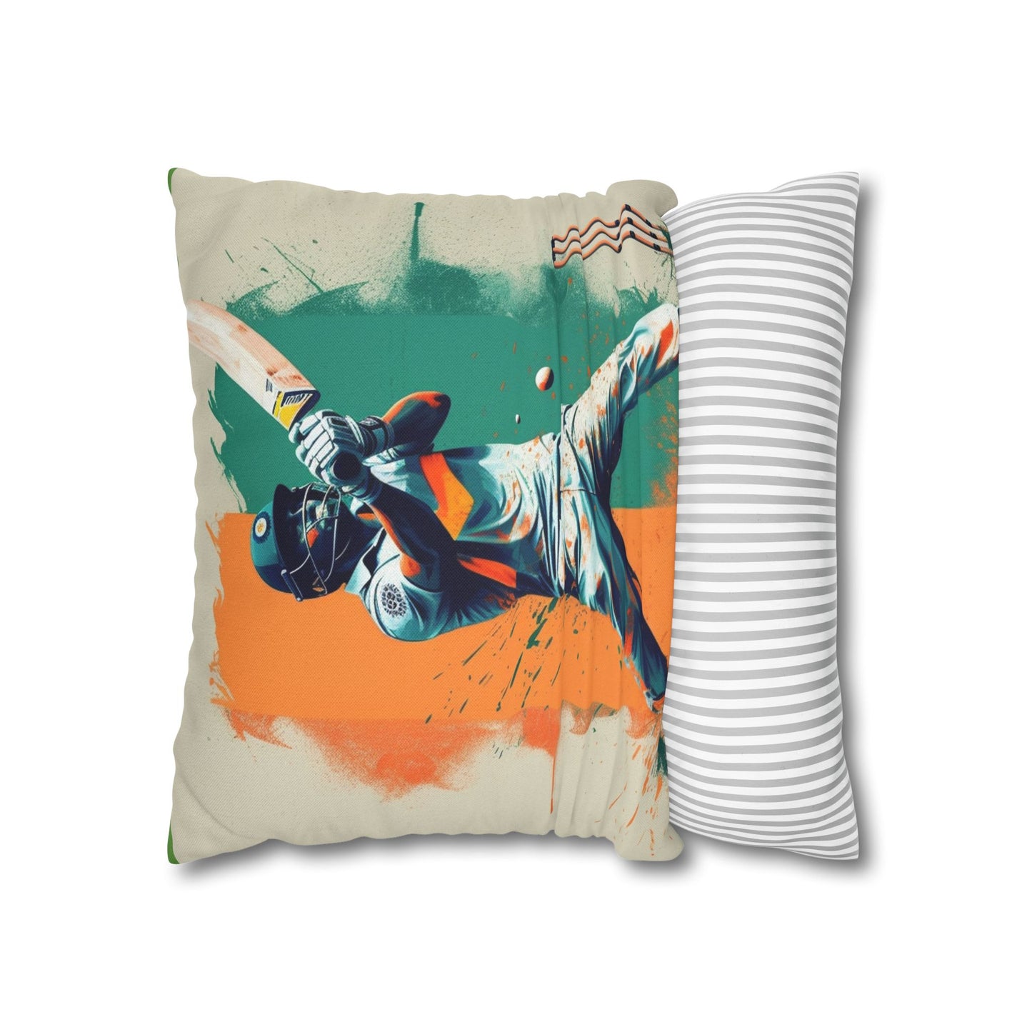 Cricket Batsman, Ball Strike, Indian Flag Color Background - Street Style - Spun Polyester Square Pillow Case