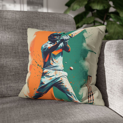 Cricket Batsman, Ball Strike, Indian Flag Color Background - Street Style - Spun Polyester Square Pillow Case