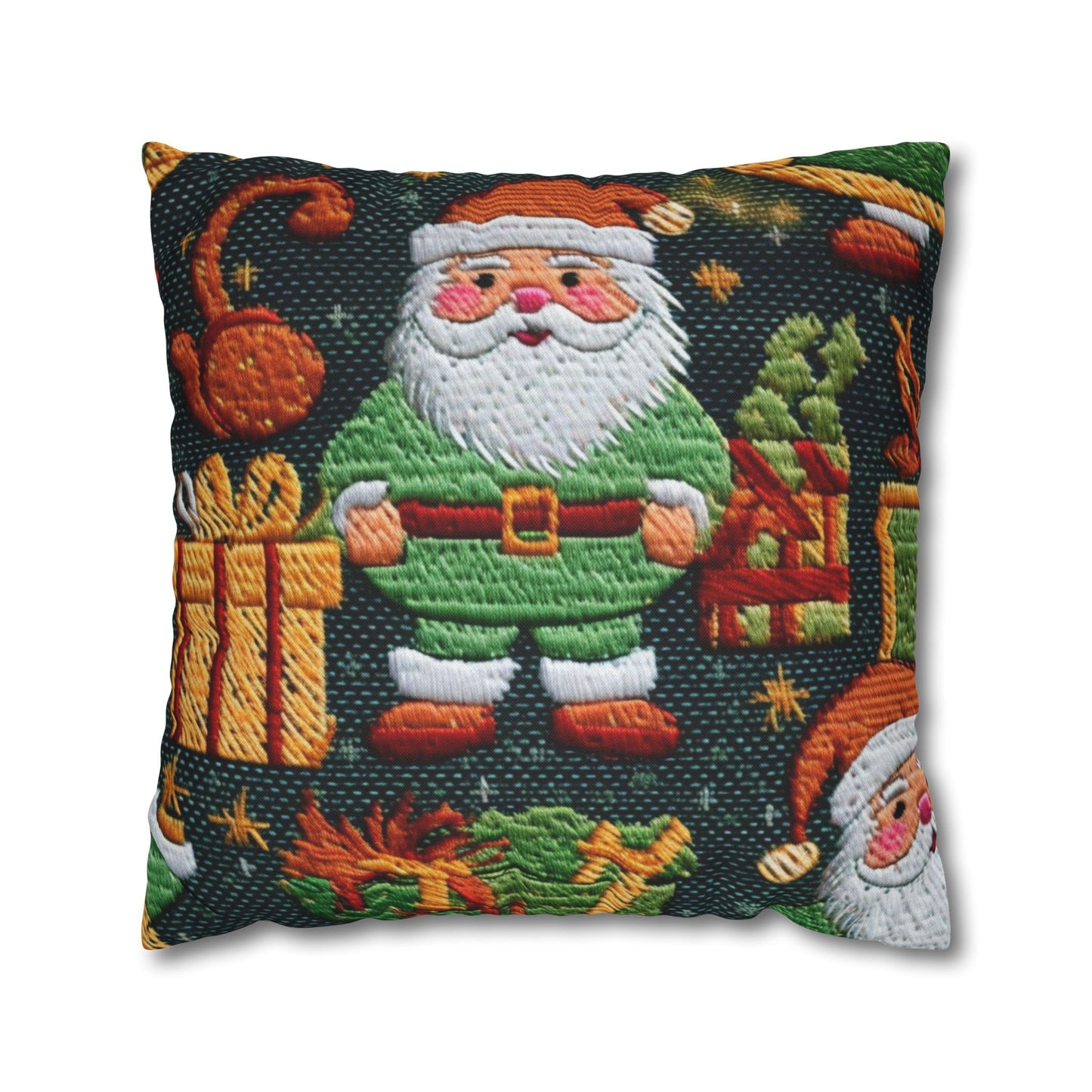 Christmas Santa Claus - Embroidered Presents - Festive Winter Wonderland - Deck the Halls Design - Spun Polyester Square Pillow Case