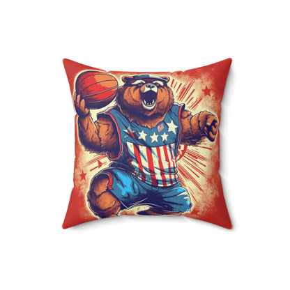 Slam Dunk for Independence:Patriotic Bear's 4th of July Basketball Game Spun Polyester Square Pillow