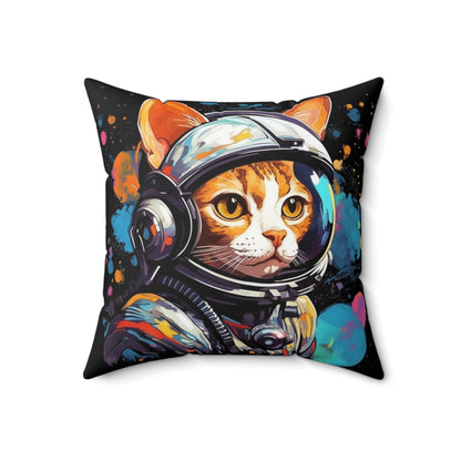 Astro Cat Adventure Feline - Pop Art, Floating in Cosmic Space - Spun Polyester Square Pillow