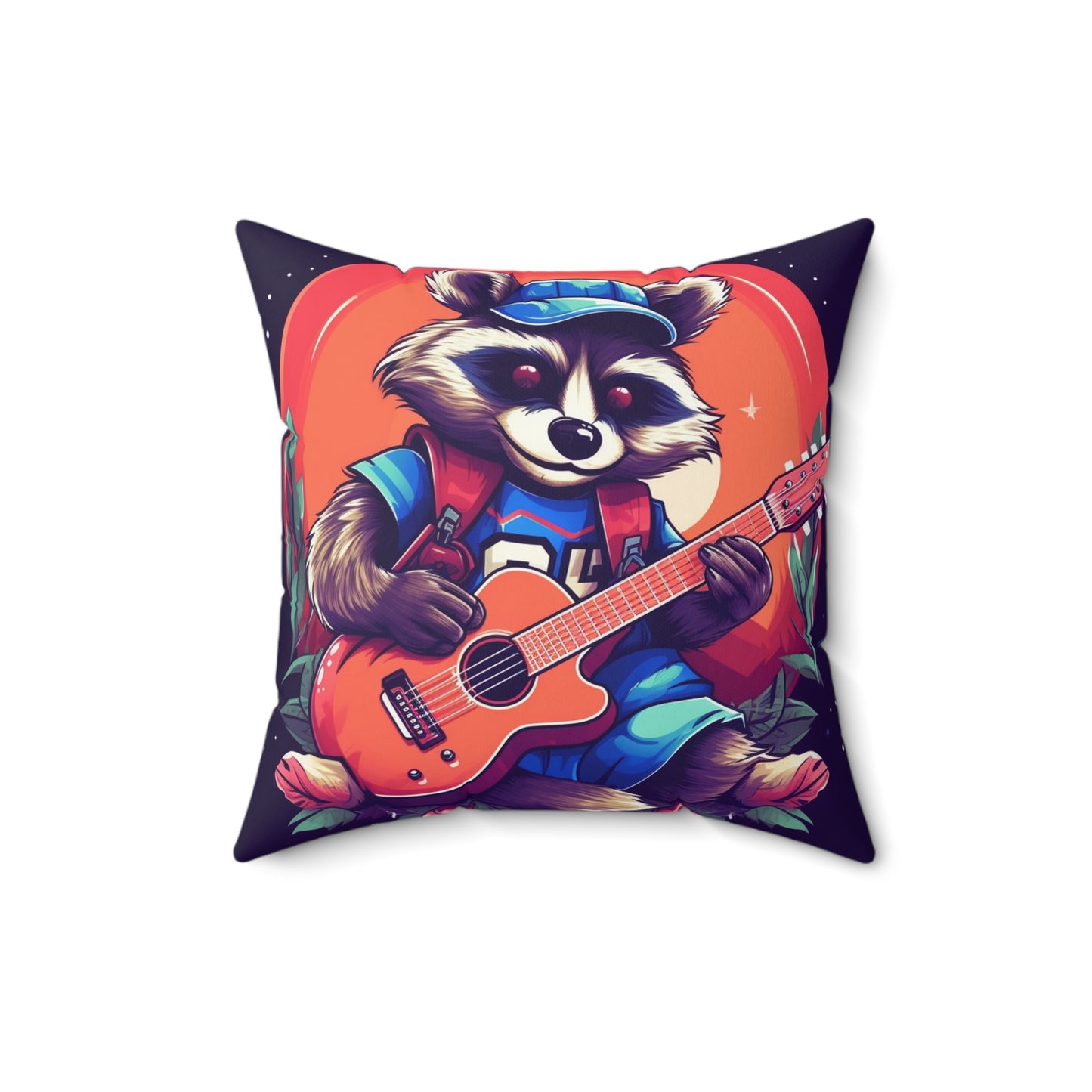 Acoustic Guitar Raccoon - Furry Animal Musician Decor Spun Polyester Square Pillow