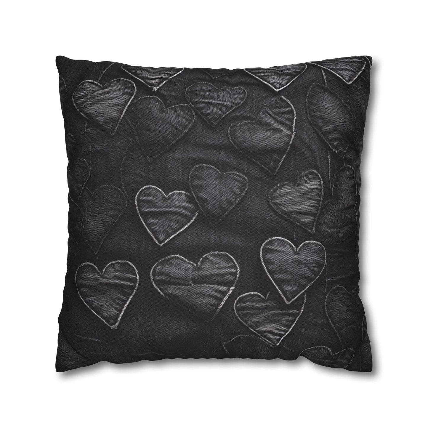 Black: Distressed Denim-Inspired Fabric Heart Embroidery Design - Spun Polyester Square Pillow Case