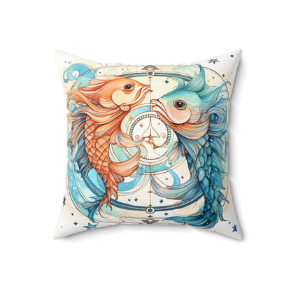 Pisces Zodiac Horoscope - Starry Watercolor & Ink, Hyper-Detailed Fish Spun Polyester Square Pillow