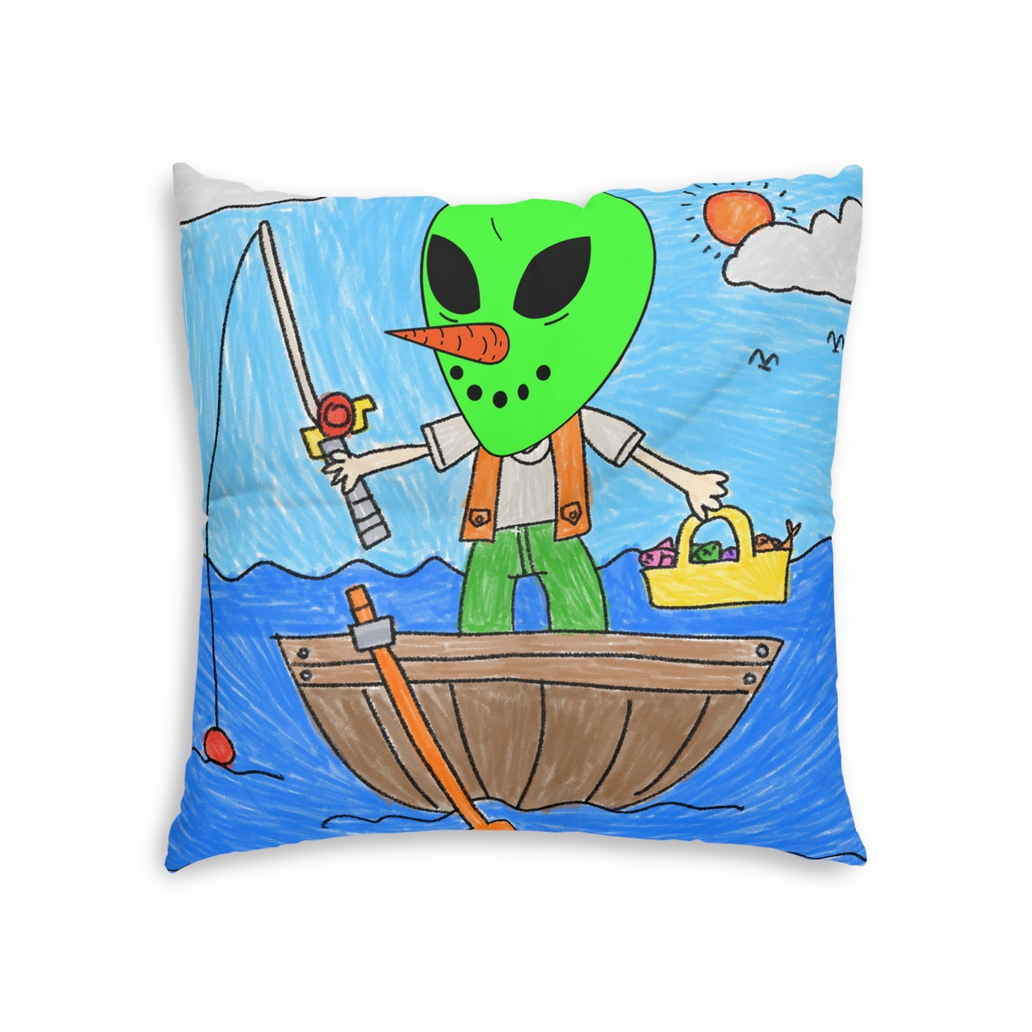 Sea Fish Hunter Veggie Visi Vegetable Visitor Alien Tufted Floor Pillow, Square