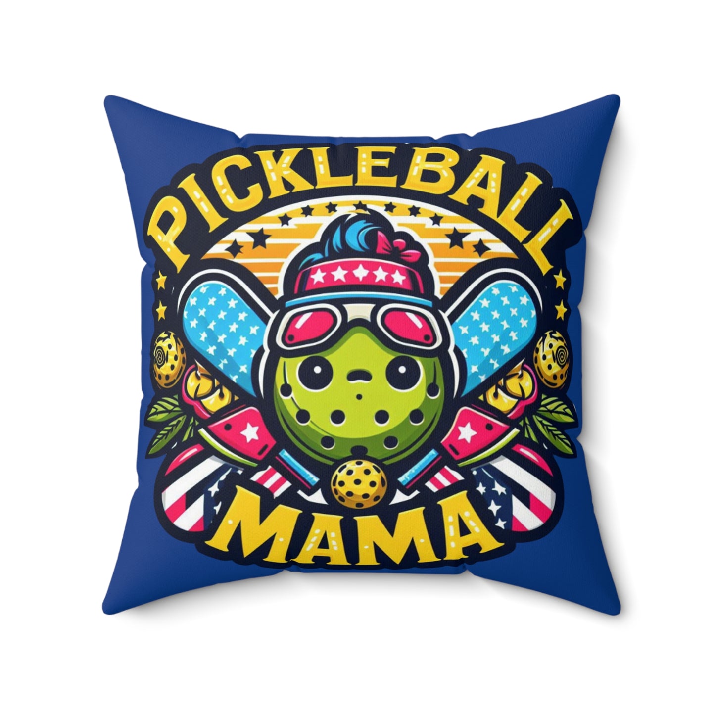 Pickleball Mama - Patriotic Sporty, Star-Spangled Athletic Graphic, Fun Pickleball Enthusiast - Spun Polyester Square Pillow