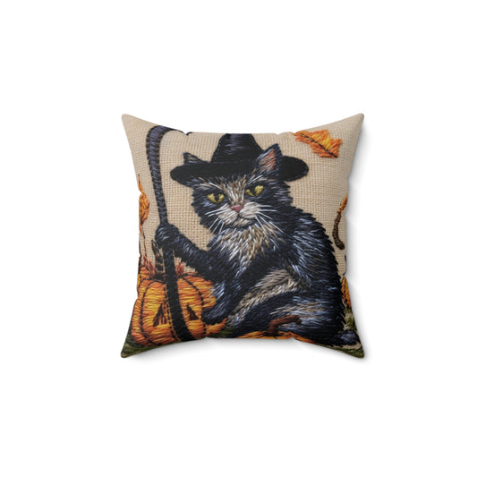 Halloween Cat Magic: Embroidered Style Feline with Pumpkins & Witch Hat - Spun Polyester Square Pillow