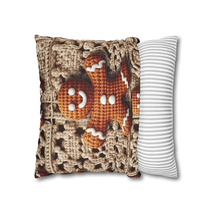 Rustic Gingerbread Delights: Christmas Crochet Gingerbread Men on Classic Beige Granny Squares - Spun Polyester Square Pillow Case