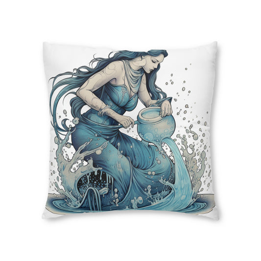 Aquarius Zodiac Symbol - Girl Pouring Water, Hand-Drawn Style - Tufted Floor Pillow, Square