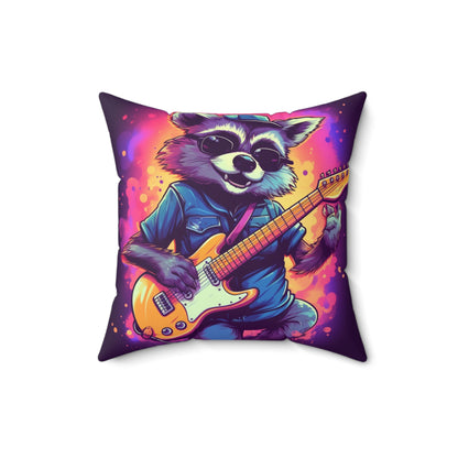 Furry Raccoon Guitarist - Rock Star Animal Music Decor Spun Polyester Square Pillow