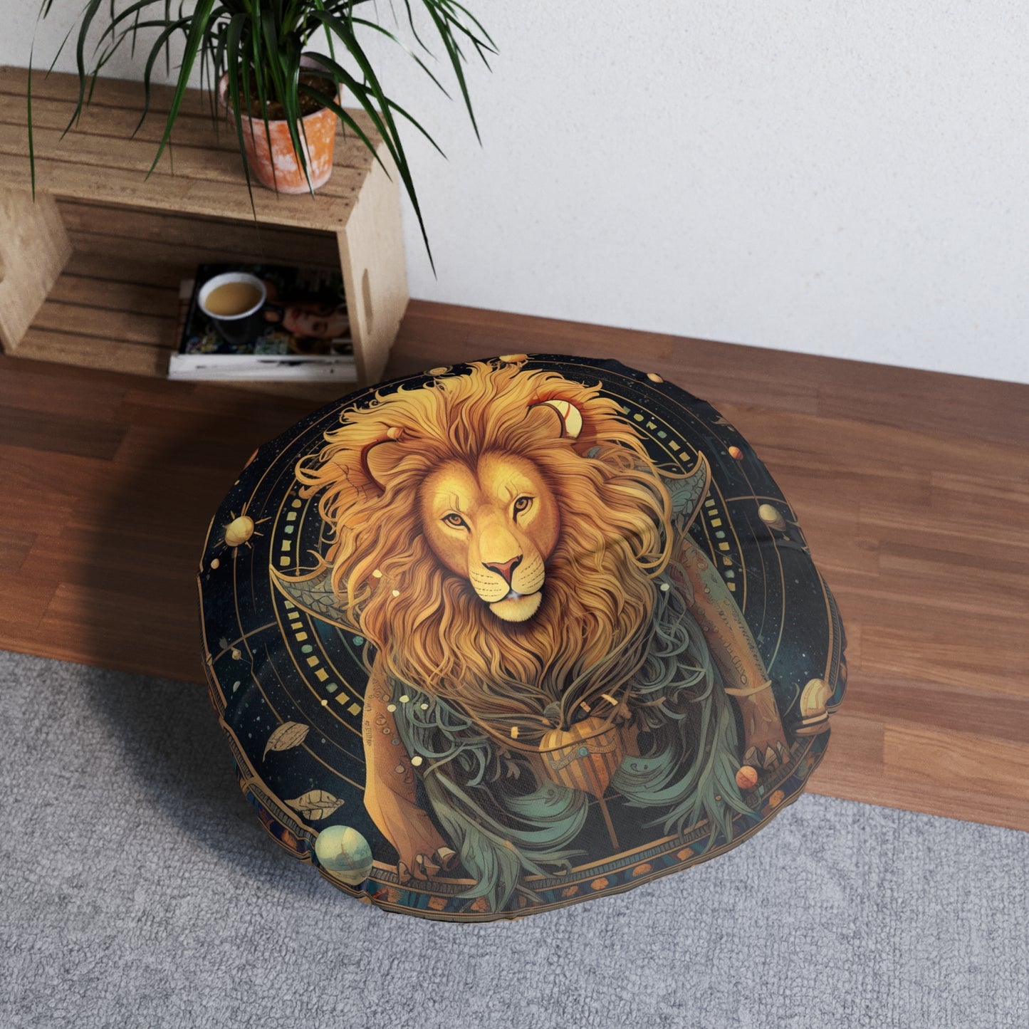 Astrological Leo Sign - Vibrant Cosmic Zodiac Astrology - Tufted Floor Pillow, Round