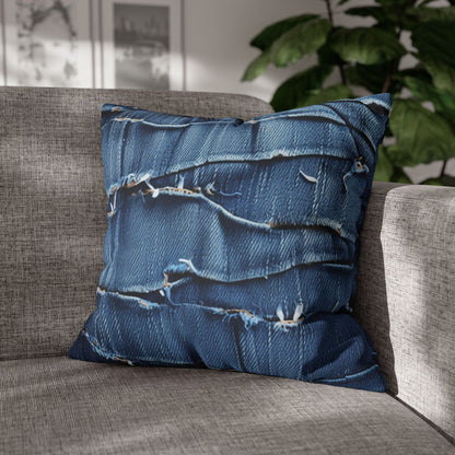 Midnight Blue Distressed Denim: Rugged, Torn & Stylish Design - Spun Polyester Square Pillow Case