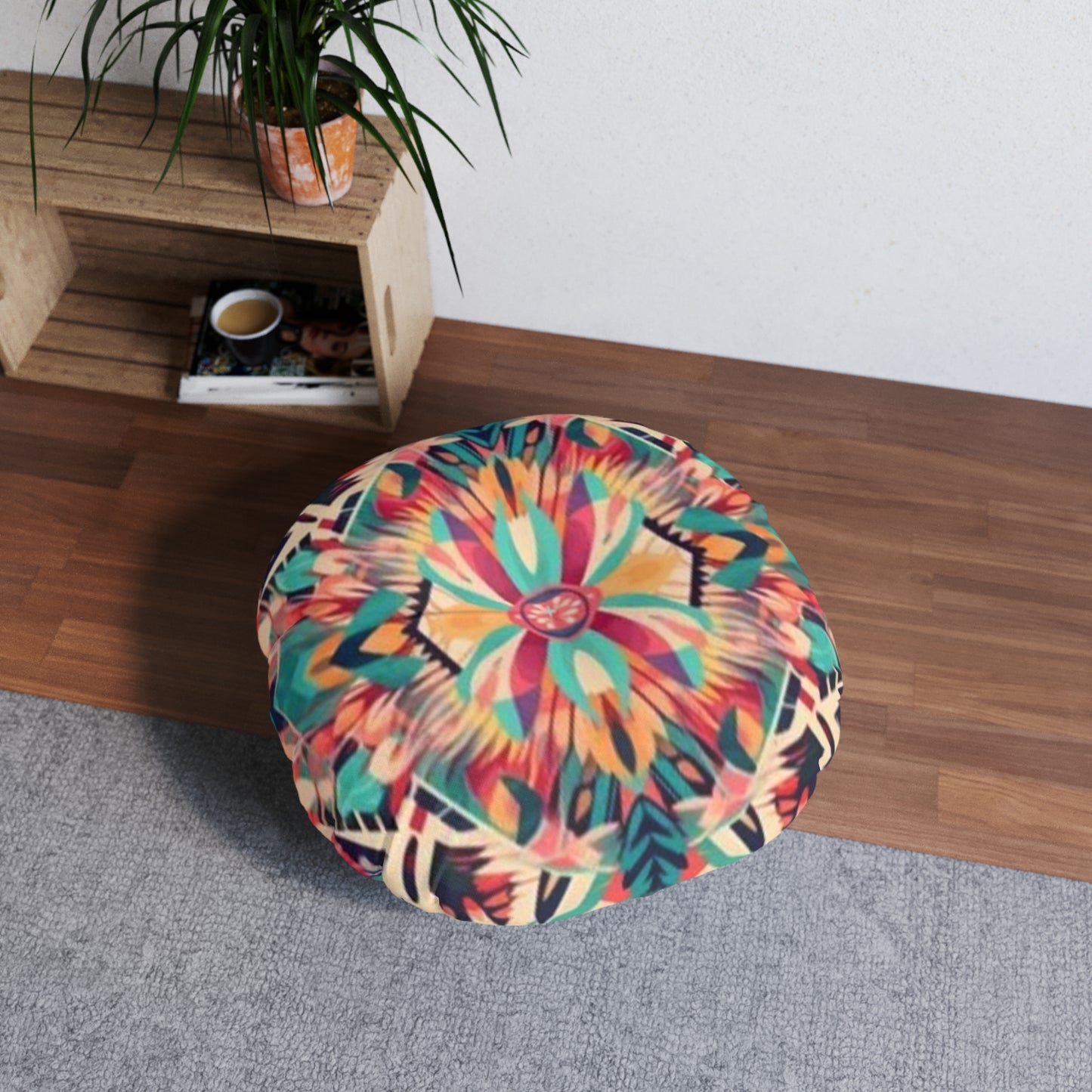 Boho Vibes: Handmade Summer Bohemian Print Pattern Artwork Tufted Floor Pillow, Round