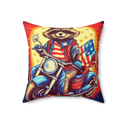 Red White and Blue American Raccoon Biker Motorcyclist Graphic Spun Polyester Square Pillow