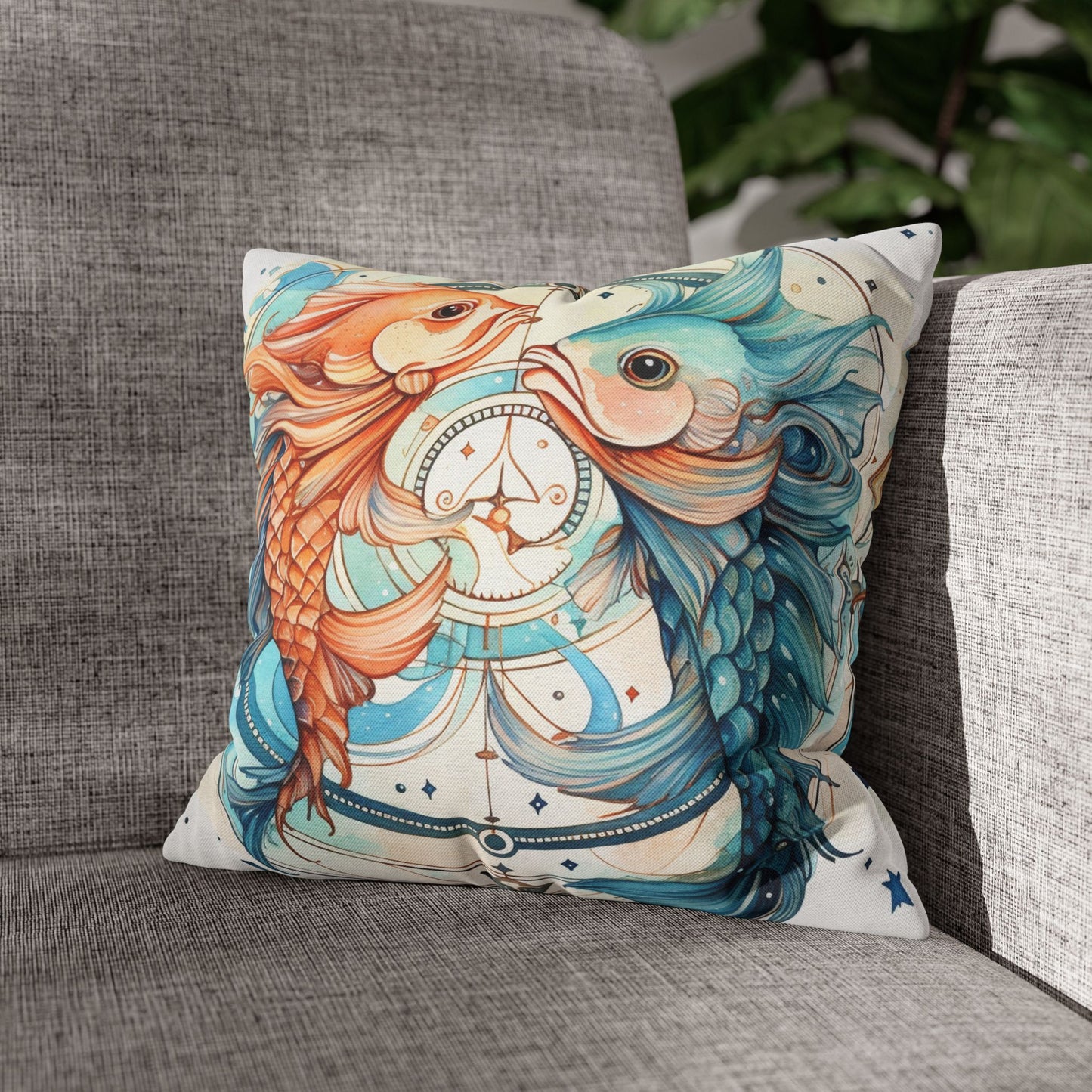 Pisces Zodiac Horoscope - Starry Watercolor & Ink, Hyper-Detailed Fish Spun Polyester Square Pillow Case