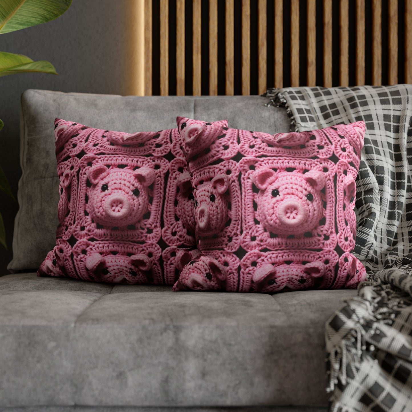 Crochet Pig Farm Animal Pink Snout Piggy Pattern - Spun Polyester Square Pillow Case