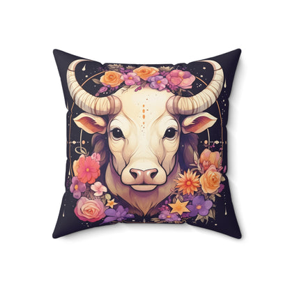 Taurus Zodiac Bull Flower Accents - Astrology Sign - Spun Polyester Square Pillow